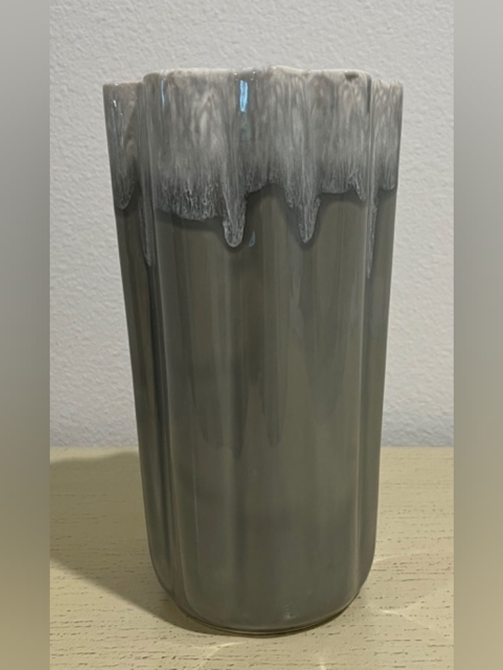 Hull Pottery Coronet 210 Signed 9" Fluted SageGreen/Gray Drip Glaze Vase Vintage